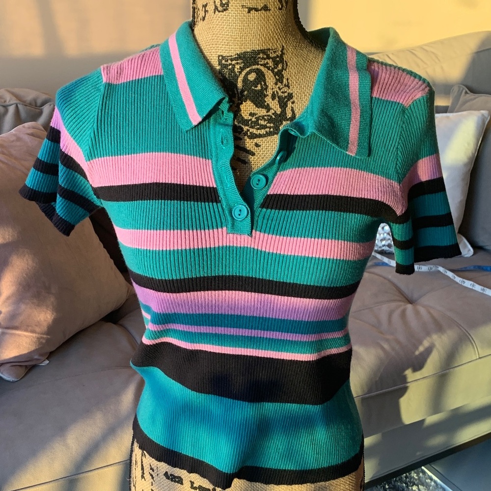 Cotton Emporium Teal and Pink Striped Button Down Shirt